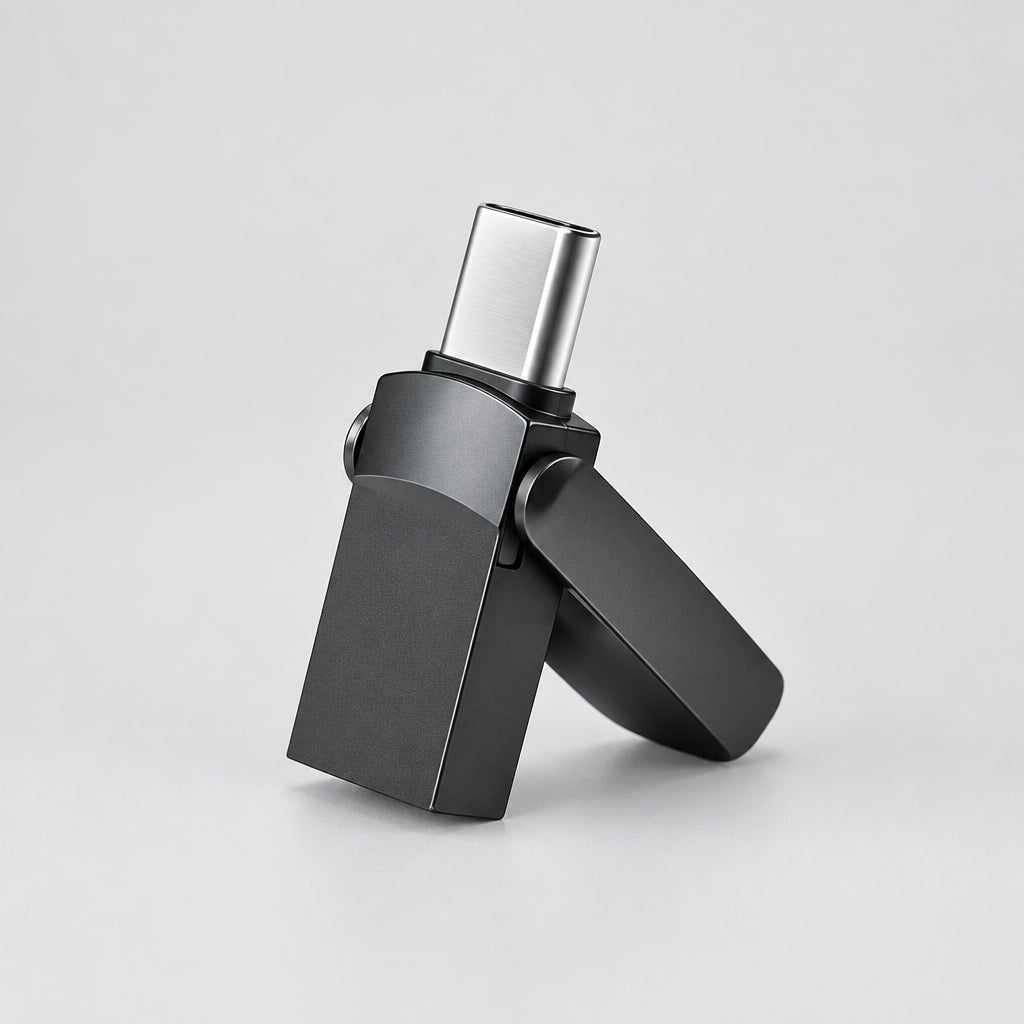 The image shows a silver USB flash drive with a dual connector, compatible with Type-C and PC/Mac. It highlights the 360° steel ring hook for easy switching between devices.