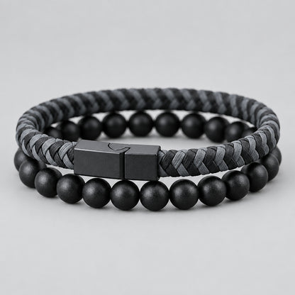 Noter 2Pcs Bracelets Exclusifs Pour Hommes 8mm Onyx Stone Strand Braclet Handmade Weaven Leather Braslet Perfect Gift For Him deideas