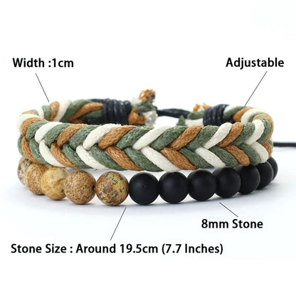 Noter New 2Pcs/Set Men Bracelet Handmade Weaven Adjustable Cord Chain Braslet 8mm Natural Lava Tiger Eyes Stone Braclet Homme deideas