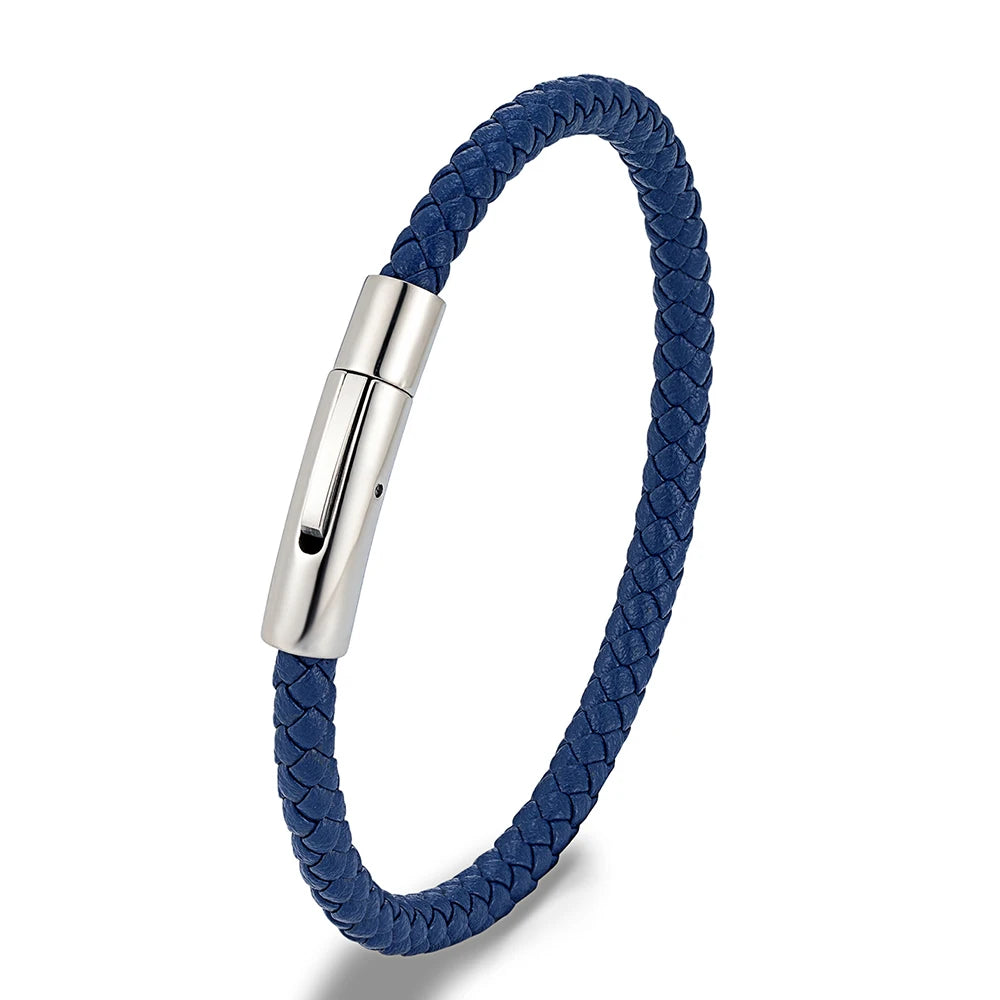 Braided Leather Bracelet – Silver-Tone Barrel Clasp, 5 Colors