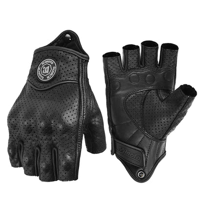 Pair of black gloves with half-finger design on a white background