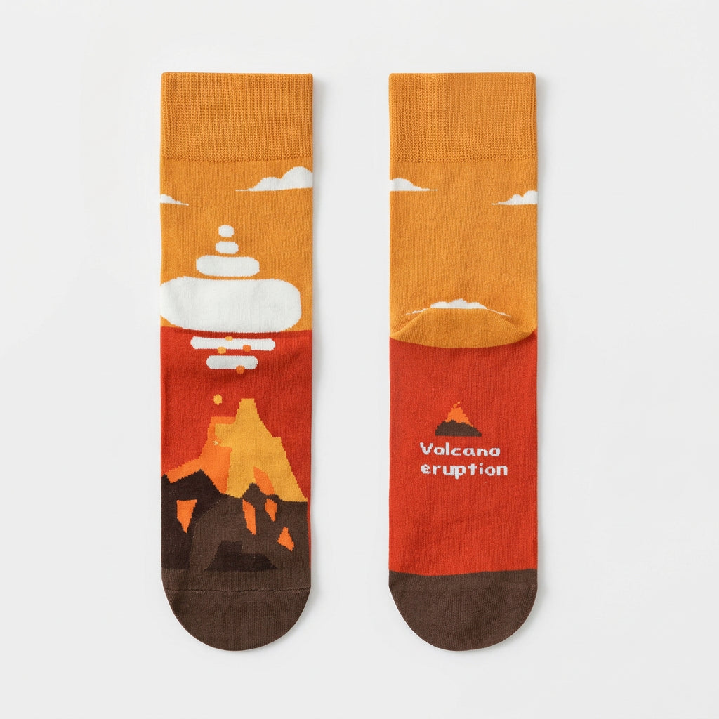 Pair of socks with volcano design on a beige background