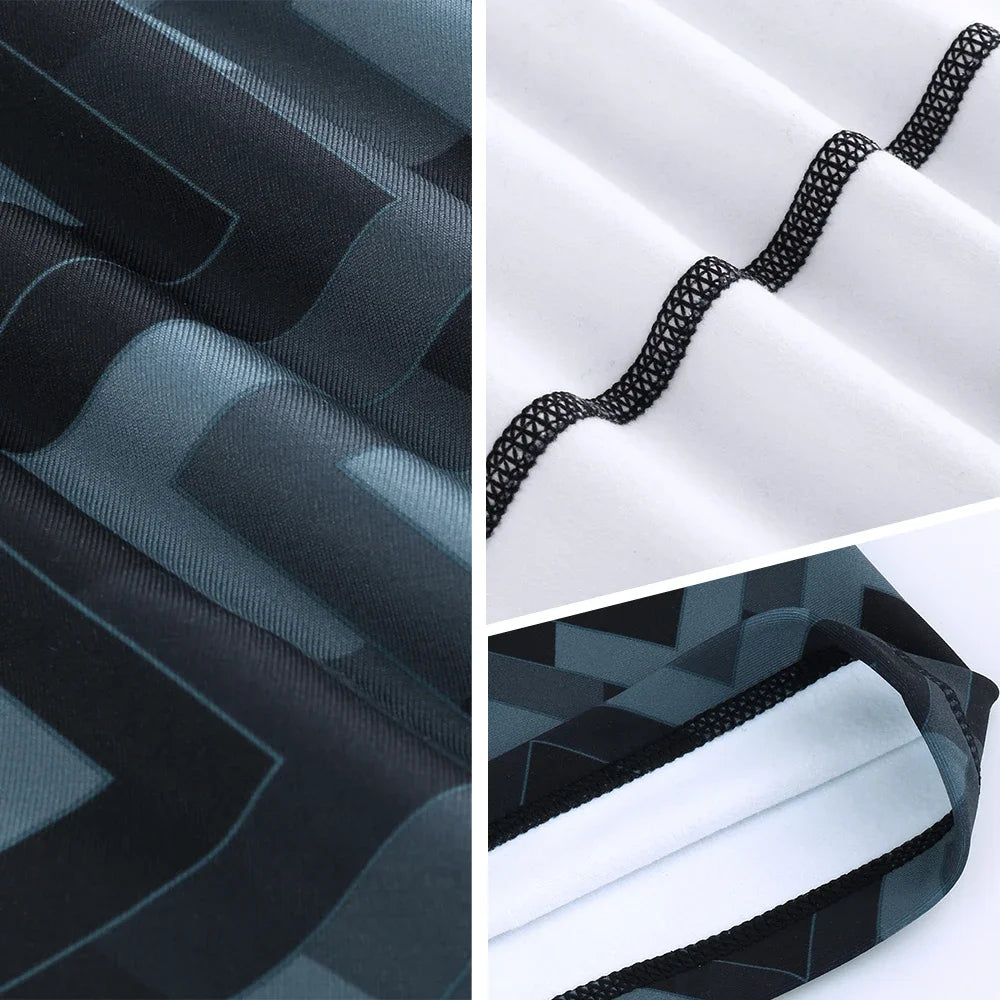 Collage of black and white textured fabric with geometric patterns