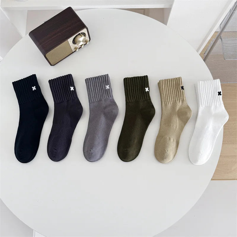 Embroidered Cross Crew Socks – Ribbed Cuffs, 4 Colors