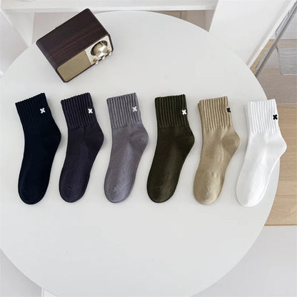 Embroidered Cross Crew Socks – Ribbed Cuffs, 4 Colors