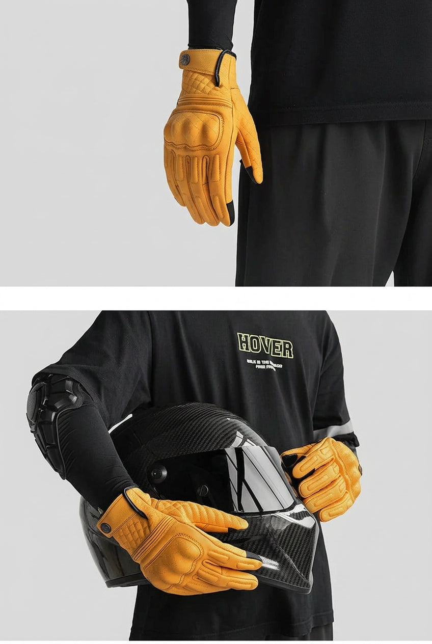 Person wearing yellow gloves, shown beside their body and holding a black helmet against a gray background.