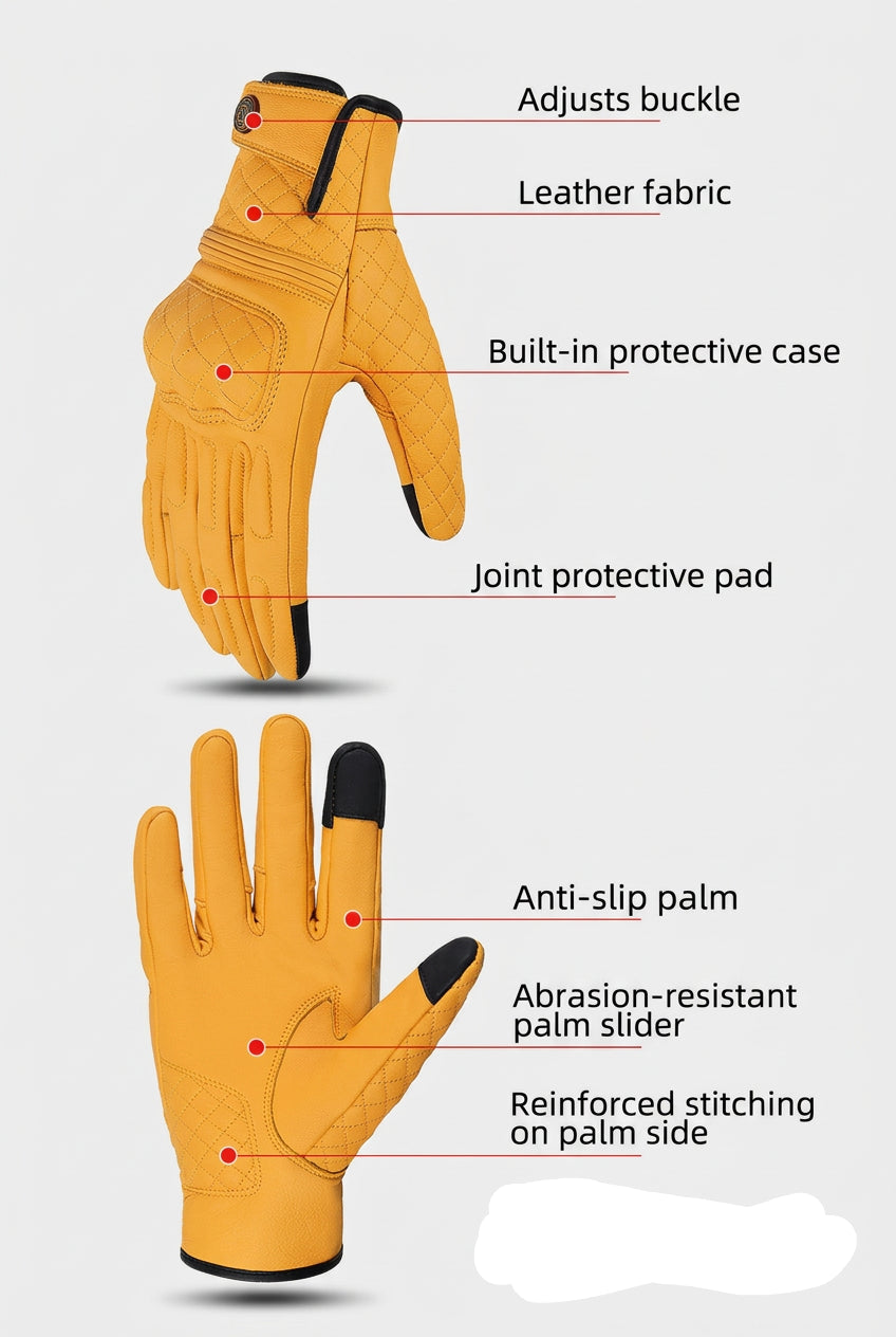 Front and palm views of yellow gloves with callouts pointing to the wrist strap, stitched panels and fingertips.