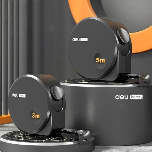 Black 3 m and 5 m tape measures displayed on round stands.
