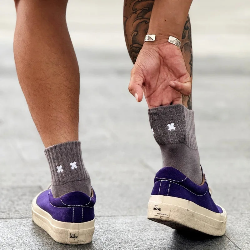 Embroidered Cross Crew Socks – Ribbed Cuffs, 4 Colors