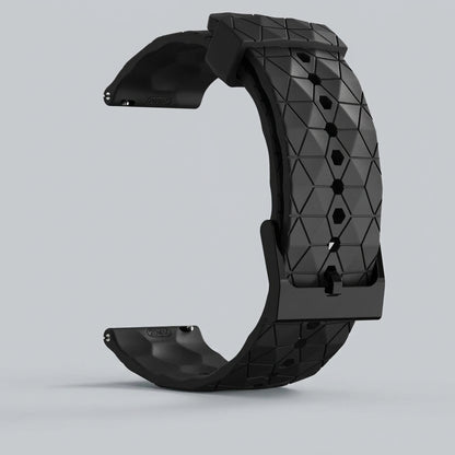 Black silicone band shown open with geometric texture, buckle and adjustment holes.