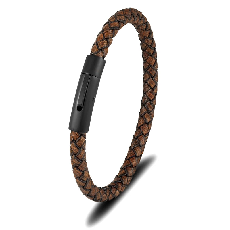 Braided Leather Bracelet – Barrel Clasp, 9 Colors, 19–23 cm