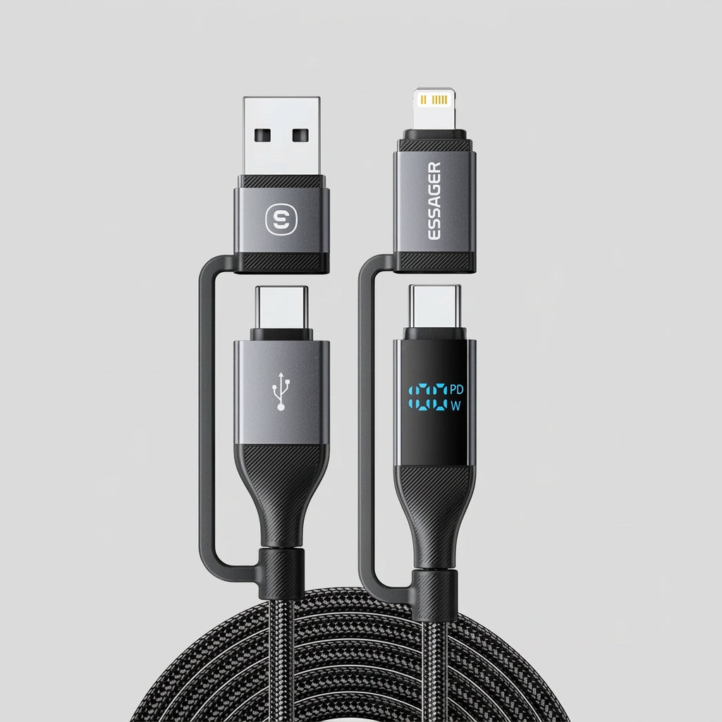 4-in-1 USB Cable – 100W USB-C, Lightning, Power Display