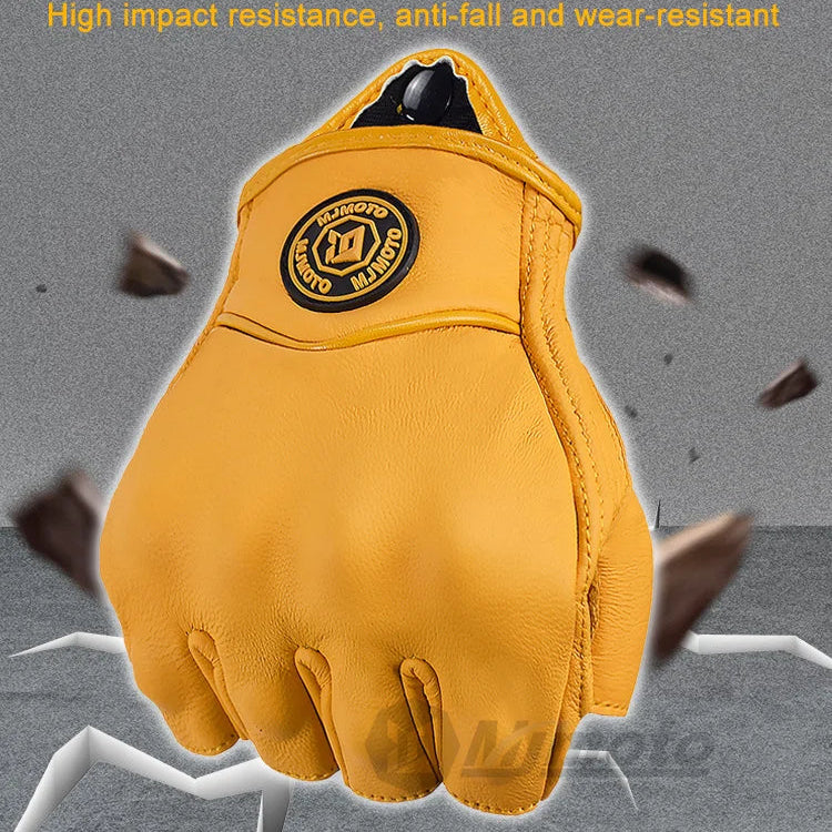 Yellow glove with a brand logo on a gray background, featuring text about protective case features.