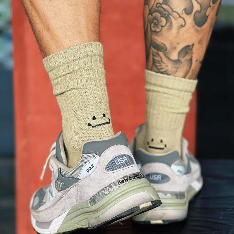 Smiley Face Crew Socks – Ribbed Cotton Blend, EU 35–44