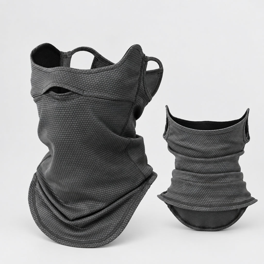 Black neck gaiter with mesh design on a white background, featuring the Jiusuyi brand logo.