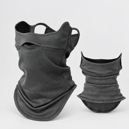 Black neck gaiter with mesh design on a white background, featuring the Jiusuyi brand logo.