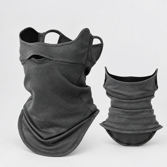 Black neck gaiter with mesh design on a white background, featuring the Jiusuyi brand logo.