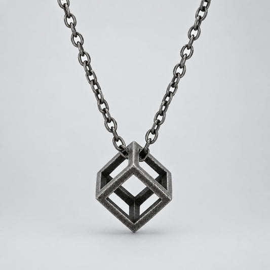 Geometric pendant necklace on a white background