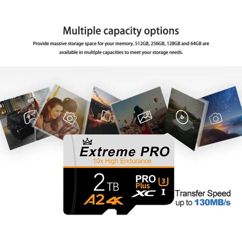 An advertisement image for a 2TB Extreme Pro A2-X1 transfer speed SD card, with multiple capacity options and a slideshow of images demonstrating its use in various devices.