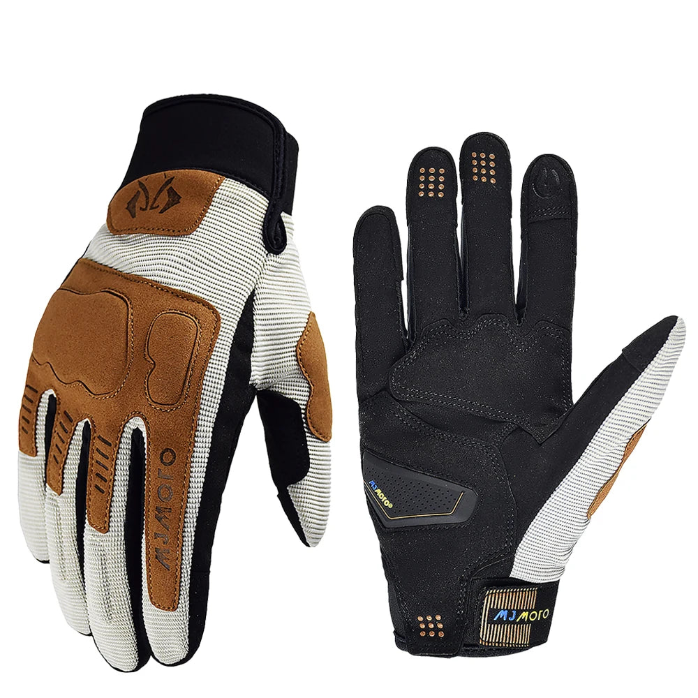 Pair of gloves with brown, black, and white color scheme on a white background