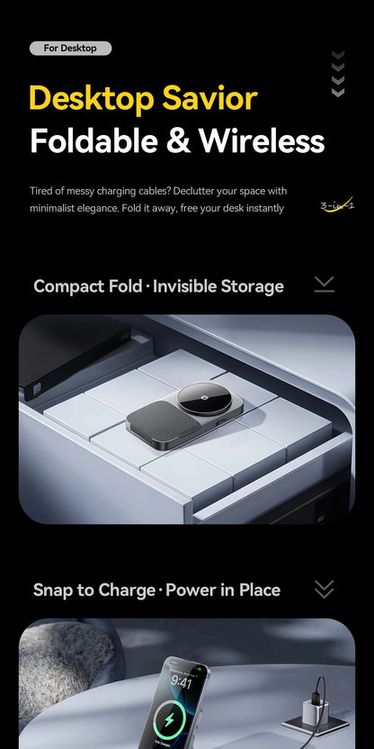 3-in-1 Magnetic Wireless Charging Stand – Foldable, Grey