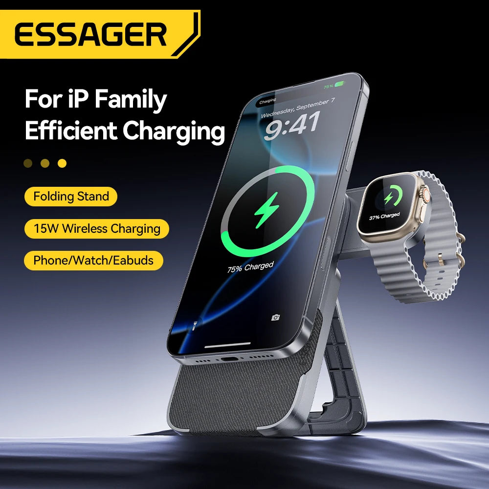 3-in-1 Magnetic Wireless Charging Stand – Foldable, Grey