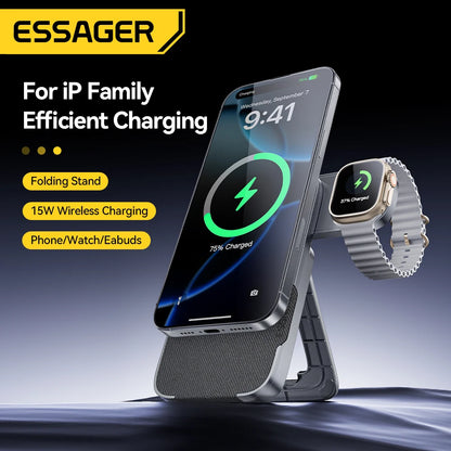 3-in-1 Magnetic Wireless Charging Stand – Foldable, Grey