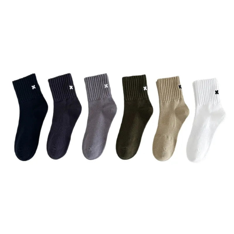 Embroidered Cross Crew Socks – Ribbed Cuffs, 4 Colors