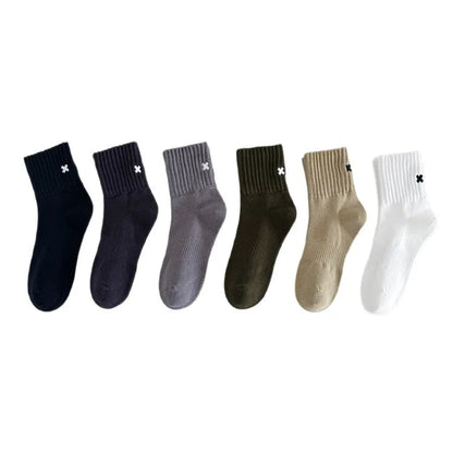 Embroidered Cross Crew Socks – Ribbed Cuffs, 4 Colors
