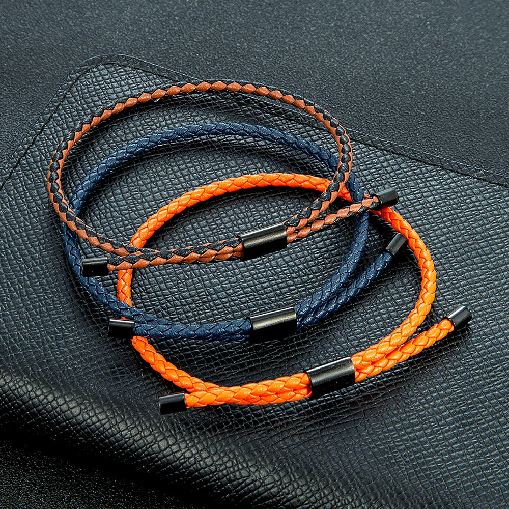 Braided Leather Bracelet – Adjustable Stainless Steel Lock Charm