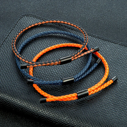 Braided Leather Bracelet – Adjustable Stainless Steel Lock Charm