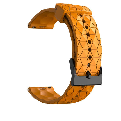 Orange silicone band shown open with geometric texture, buckle and adjustment holes.