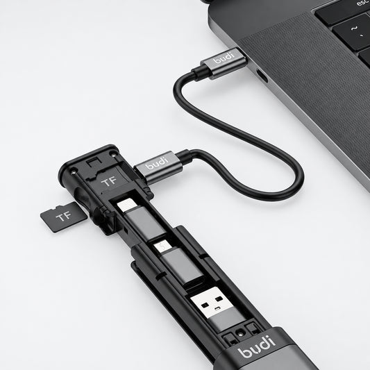 Multi-device charging cable with USB ports and TF card slot attached to a laptop.