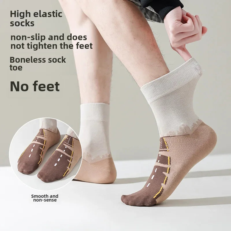 Person wearing no-foot socks with text describing features on a light gray background