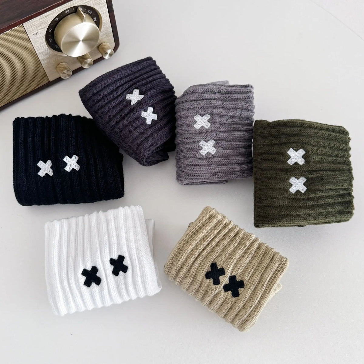 Embroidered Cross Crew Socks – Ribbed Cuffs, 4 Colors