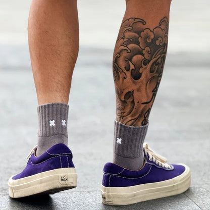 Embroidered Cross Crew Socks – Ribbed Cuffs, 4 Colors