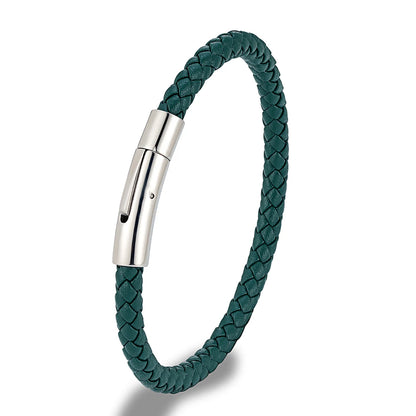 Braided Leather Bracelet – Silver-Tone Barrel Clasp, 5 Colors