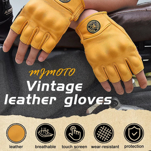 Yellow vintage leather gloves with 'mjmoto' branding on a dark background