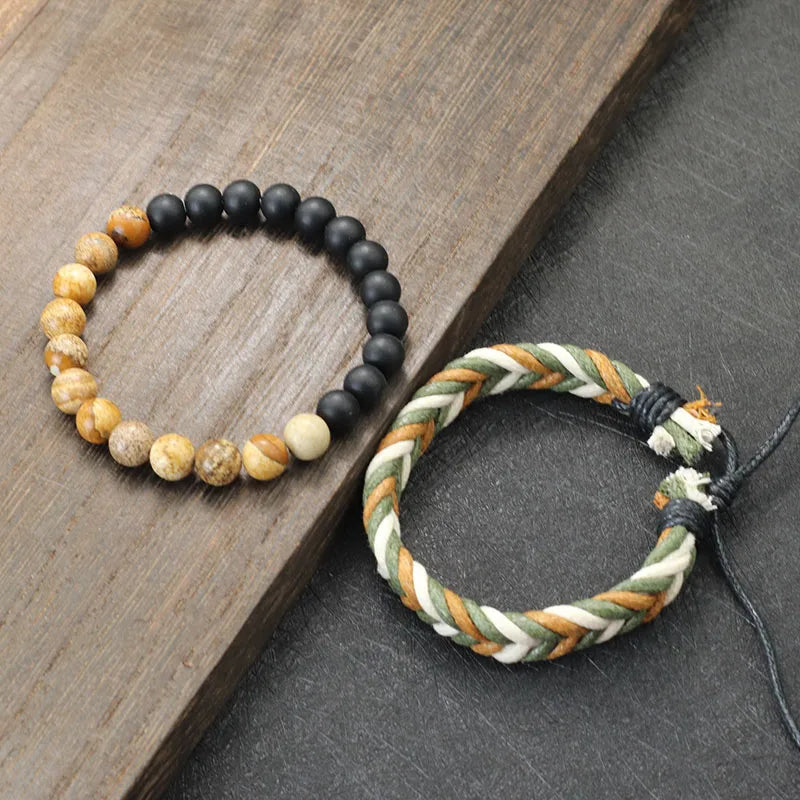 Noter New 2Pcs/Set Men Bracelet Handmade Weaven Adjustable Cord Chain Braslet 8mm Natural Lava Tiger Eyes Stone Braclet Homme deideas