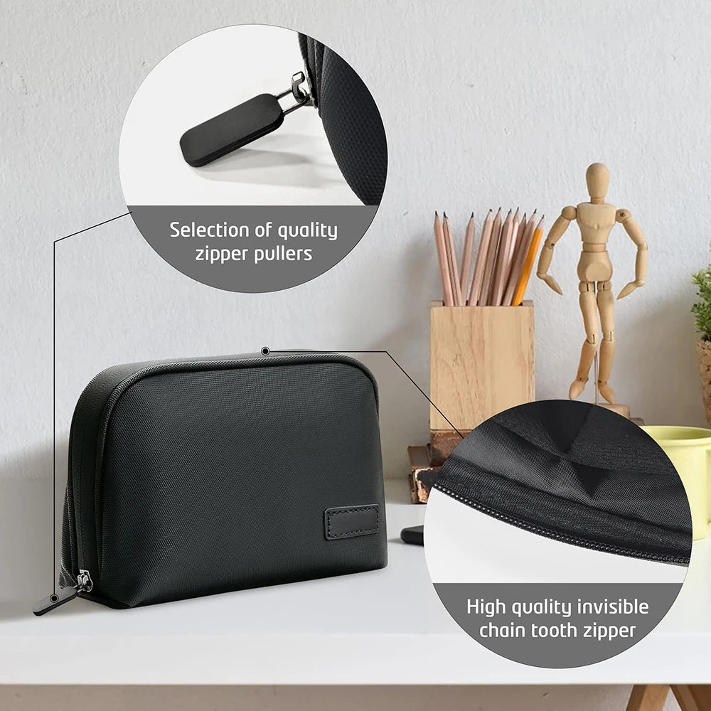 Black organizer pouch on a desk with close-ups of the zipper pull and zip-around opening.