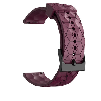Wine red silicone band shown open with geometric texture and a dark buckle.