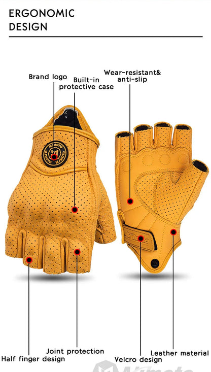 Yellow half-finger gloves with features highlighted on a beige background