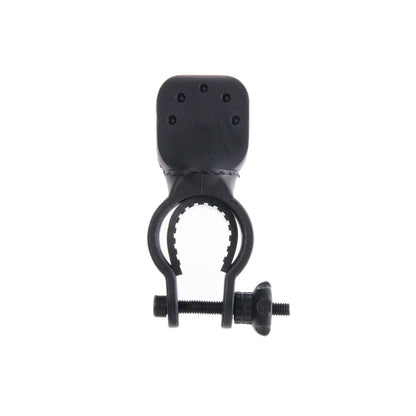 A black bicycle lamp bracket designed to mount on the handlebar of a bicycle.