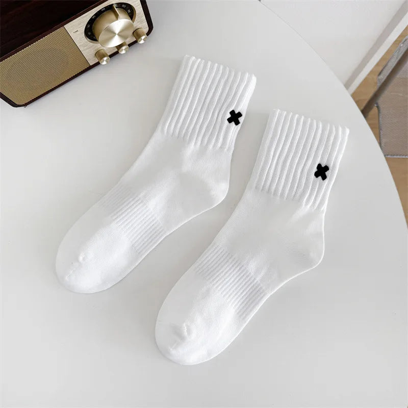 Embroidered Cross Crew Socks – Ribbed Cuffs, 4 Colors