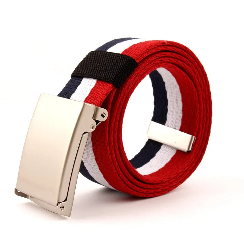 Striped Canvas Belt – Metal Buckle, 6 Styles