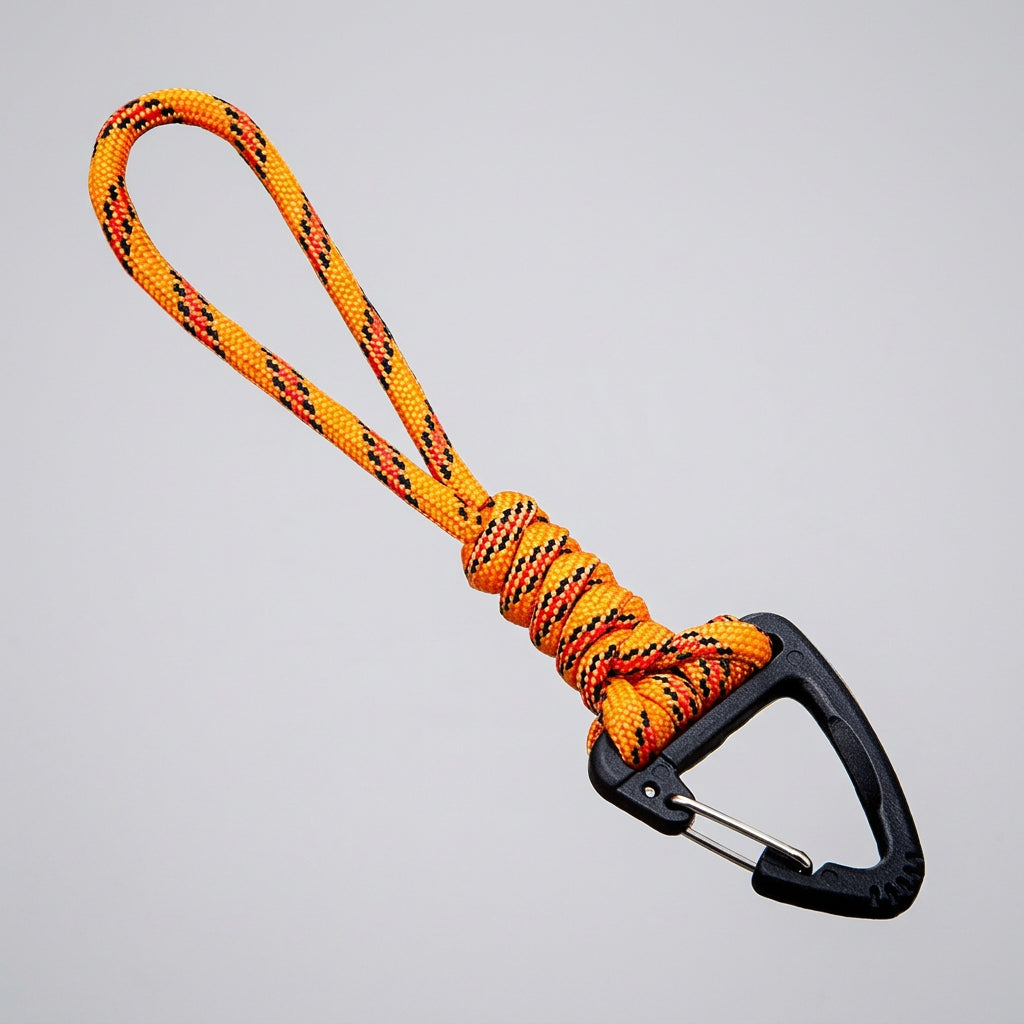 Orange and black braided rope with a carabiner on a concrete surface