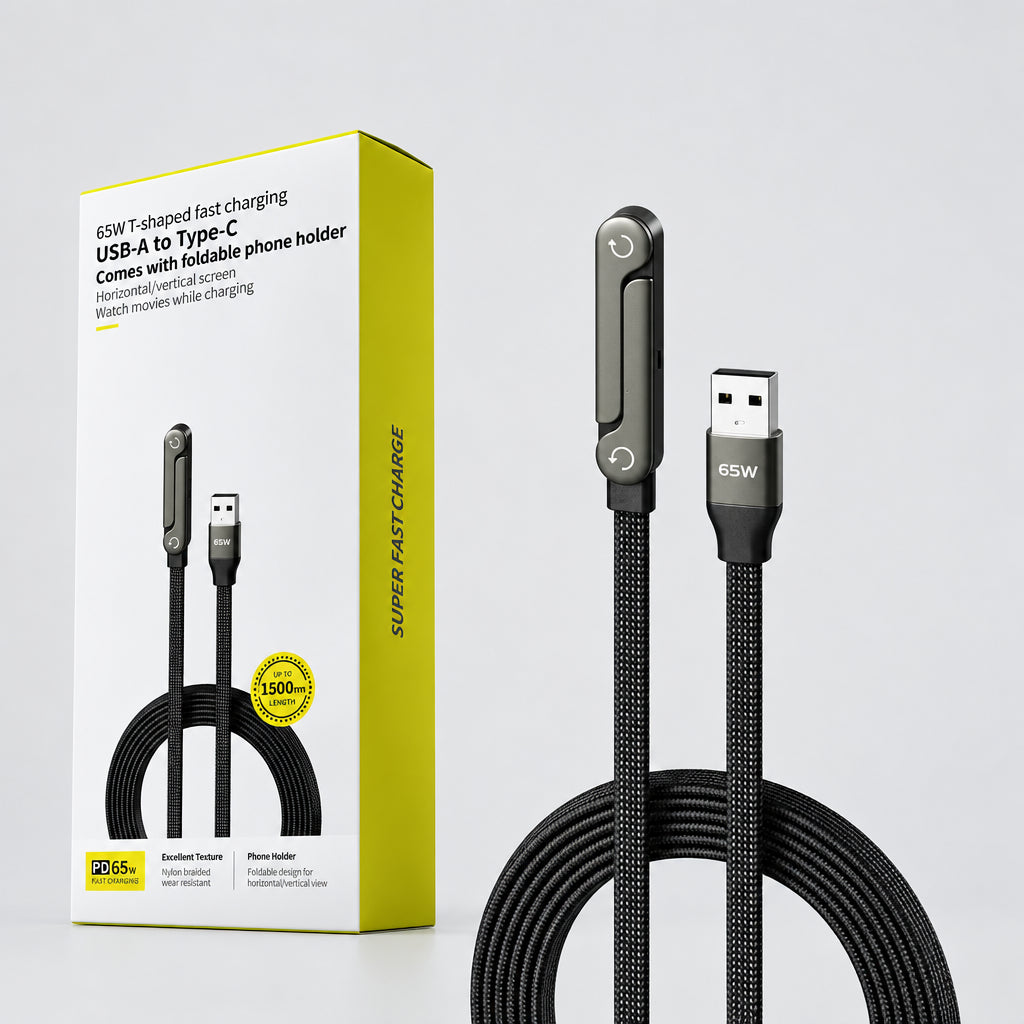 240W Fast Charging Cable + Foldable Phone Stand - USB-C & USB-A 2-in-1