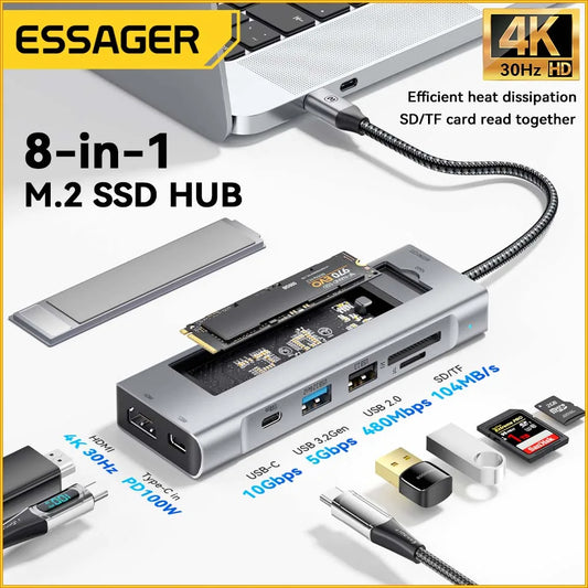 8-in-1 USB-C Hub with M.2 SSD Enclosure – HDMI & PD