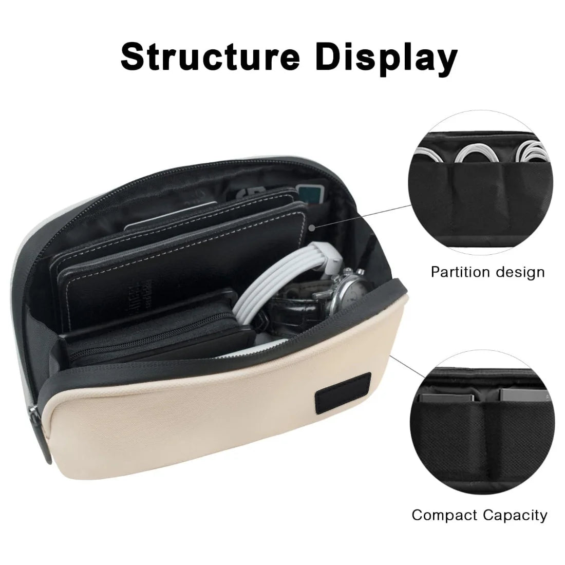 Open beige pouch showing divided interior pockets and example accessories.