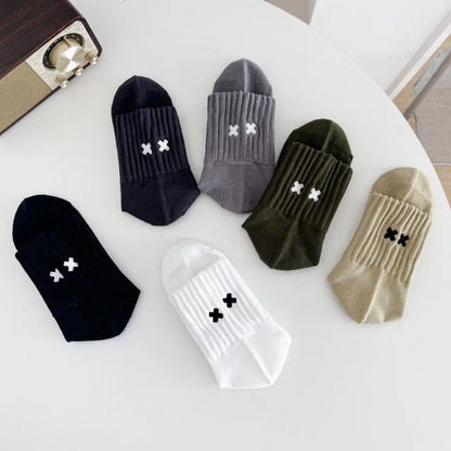 Embroidered Cross Crew Socks – Ribbed Cuffs, 4 Colors